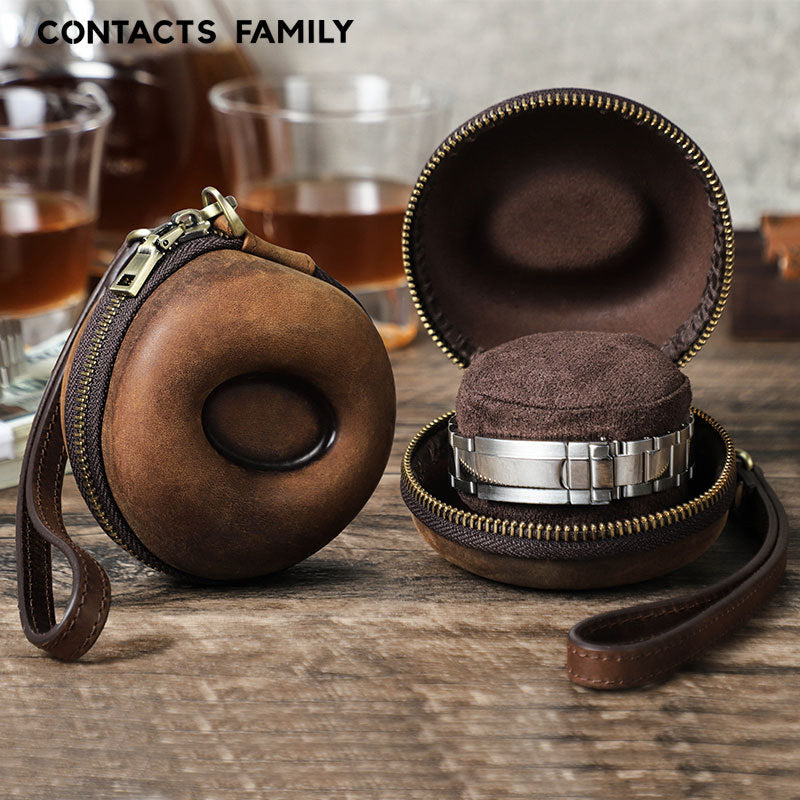 Premium Leather Travel Watch Case – Compact Round Design for Luxury Timepiece Protection