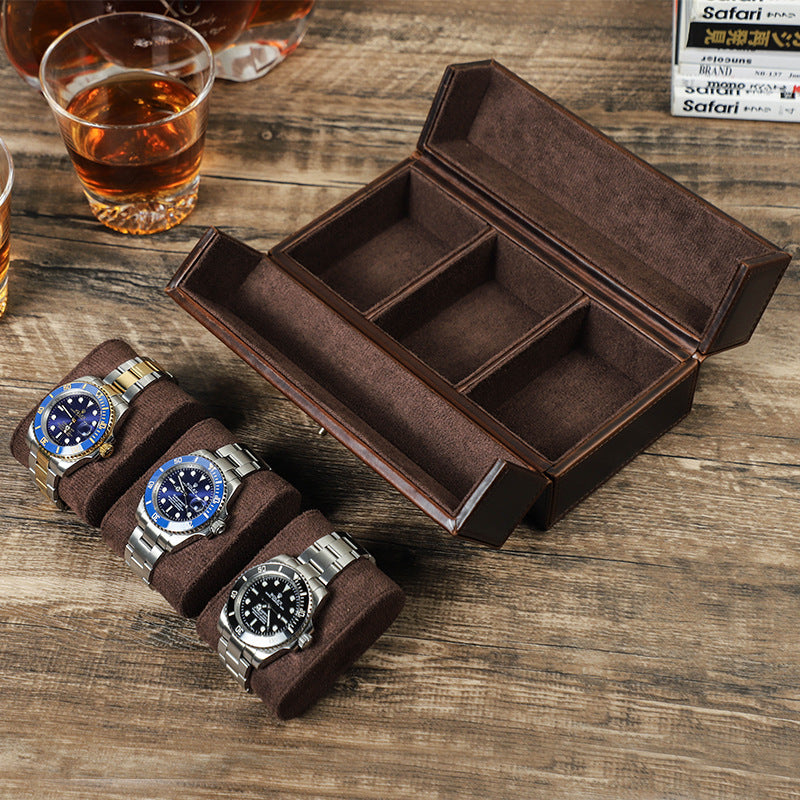 Premium Storage Case Luxury Double Open Leather Watch Organizer Box — Holds 3 Watches