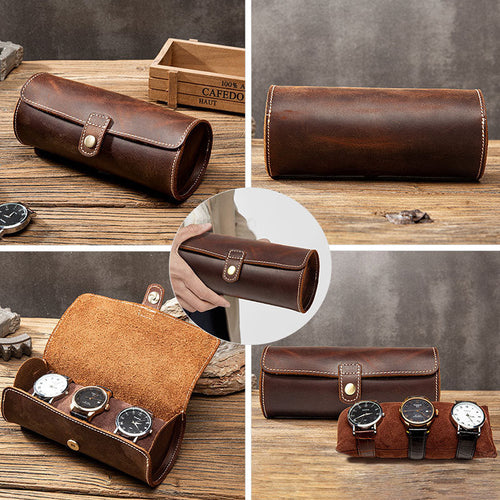 Luxury Full-Grain Leather Watch Case – Premium 3 Slot Travel Organizer for Watches