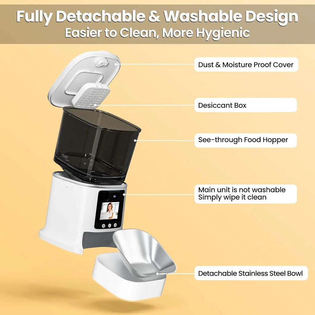 Automatic Cat Feeder with Camera, 2-Way Video& Audio, HD Video with Night Vision, 5G WiFi Pet Feeder, 5L Large Food Storage Container for Multiple Pet, Detachable for Easy Clean